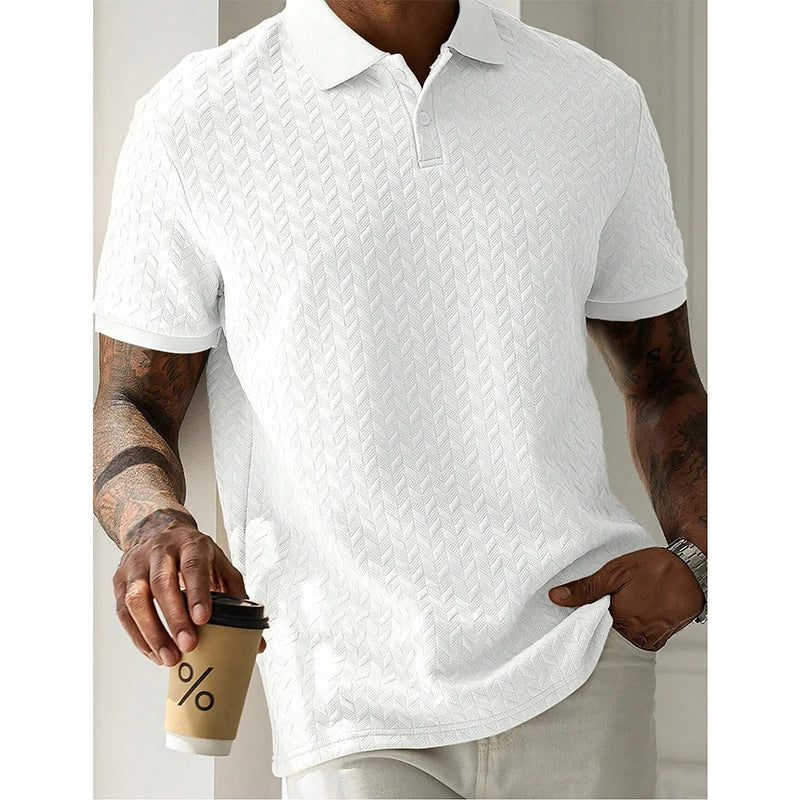 White textured polo shirt with herringbone pattern, casual men&