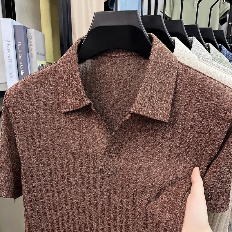 Men's Vertical Stripe Knitted Polo Shirt