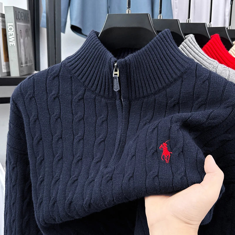 Men's Vintage Embroidery Zip-Up Turtleneck Sweater