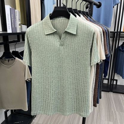 Men's Vertical Stripe Knitted Polo Shirt