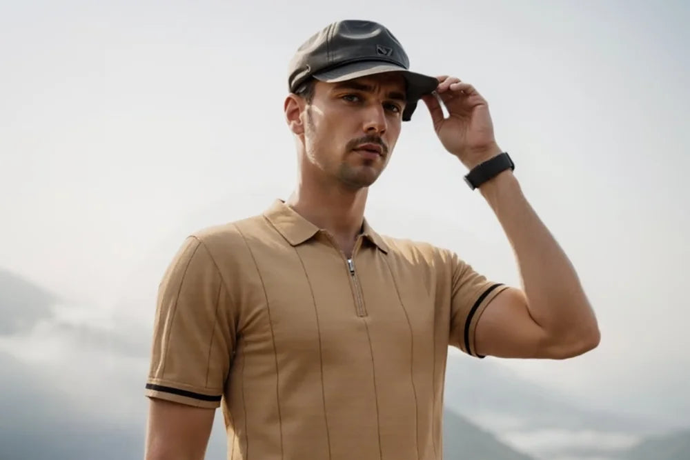 Man in beige polo shirt and black cap, adjusting hat outdoors with mountain backdrop