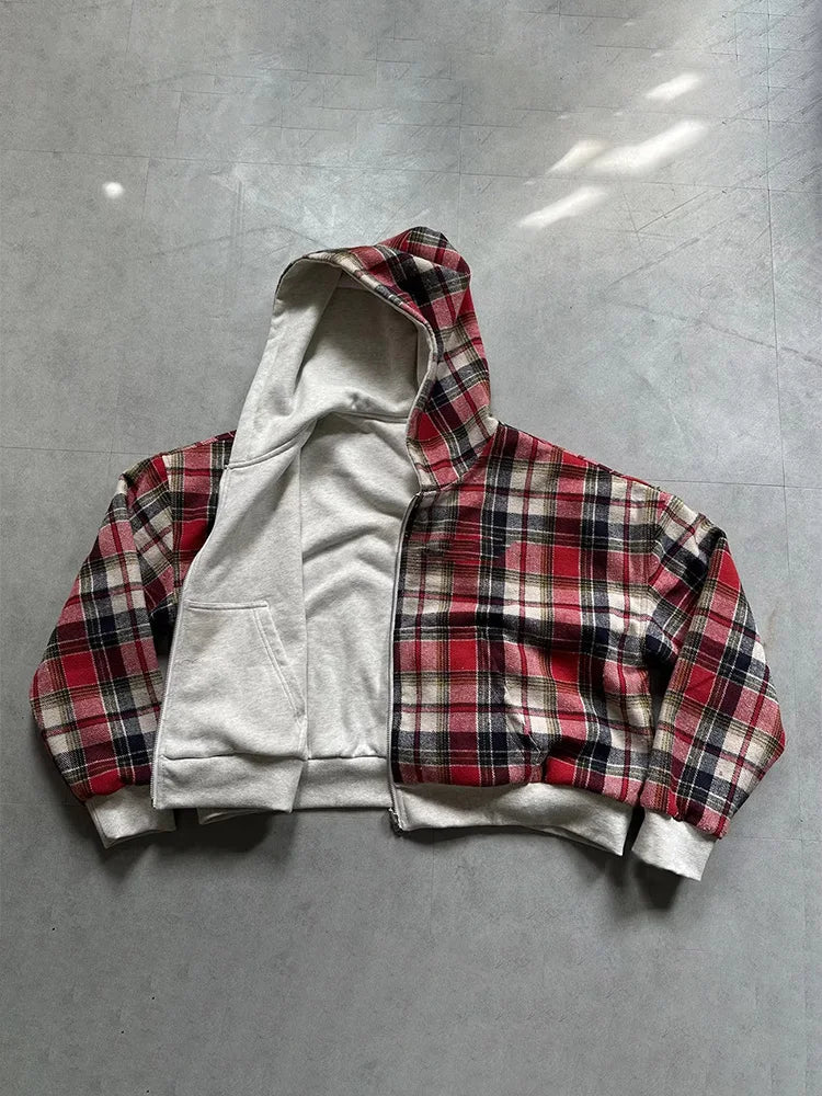 Plaid Print Zip-Up Hoodie