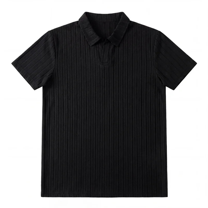 Black ribbed polo shirt with short sleeves, stylish and versatile for everyday wear