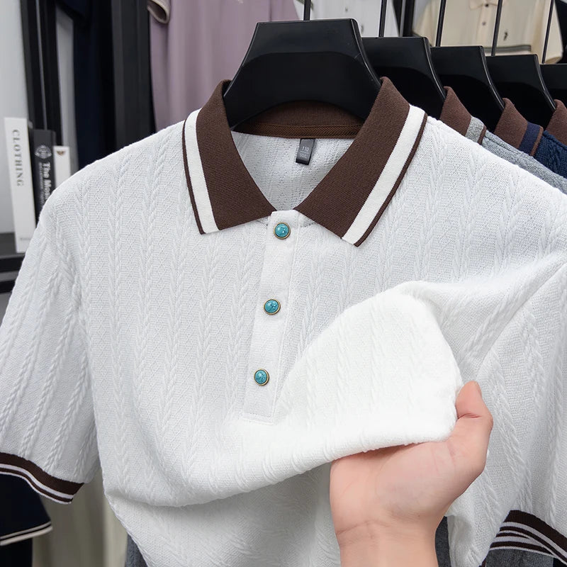 White textured polo shirt with brown collar, turquoise buttons, and striped trim for men&