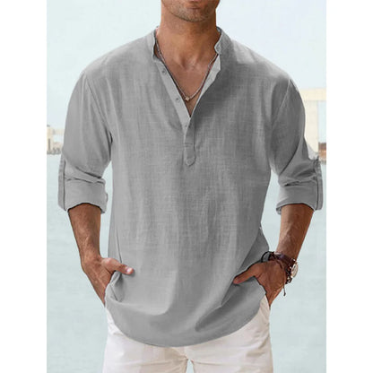 Men's Cotton Linen Long Sleeve Henley Shirt