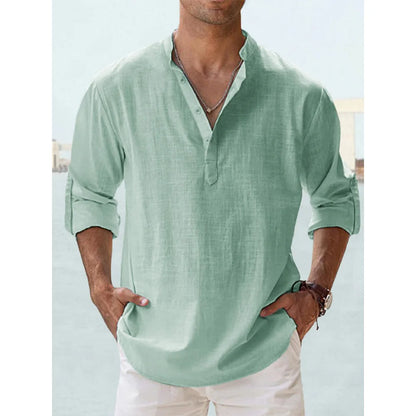 Men's Cotton Linen Long Sleeve Henley Shirt