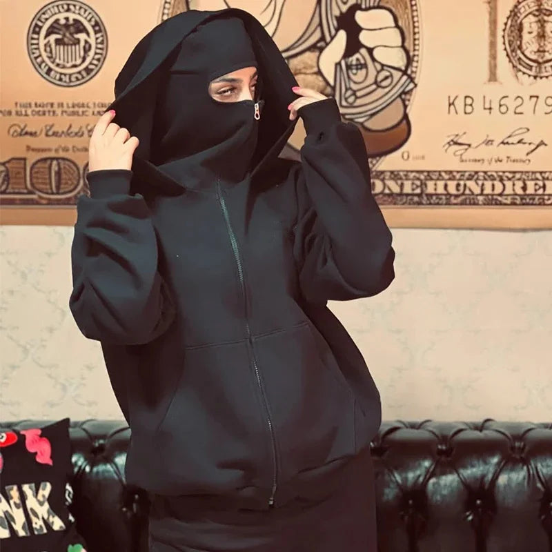 Unisex Balaclava Double Hooded Sweatshirt | Y2K Gothic Harajuku Zipper Hoodie Jacket