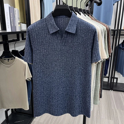 Men's Vertical Stripe Knitted Polo Shirt