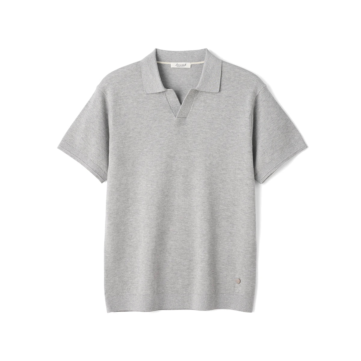 Gray knit polo shirt with short sleeves and collar, stylish everyday essential for casual wear