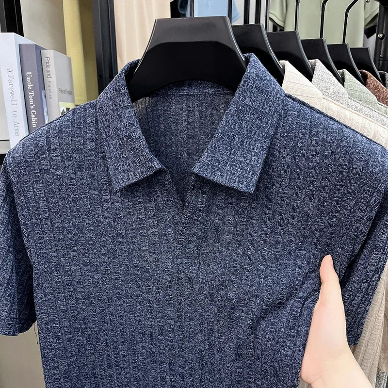 Men's Vertical Stripe Knitted Polo Shirt