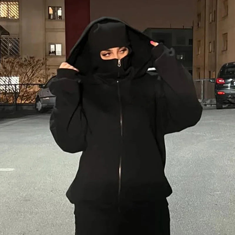 Unisex Balaclava Double Hooded Sweatshirt | Y2K Gothic Harajuku Zipper Hoodie Jacket