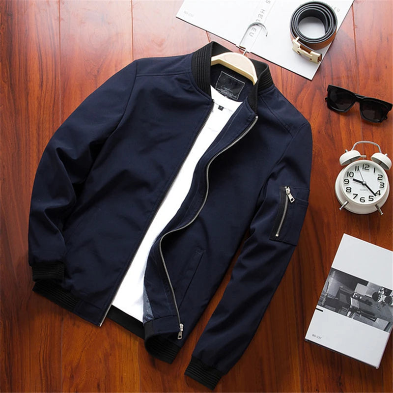 Men's Solid Color Windbreaker Jacket | Slim Fit Baseball Collar Zip-Up Coat
