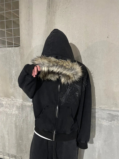 Women's Y2K Faux Fur Collar Hoodie | Harajuku Aesthetic Graphic Pullover Sweatshirt