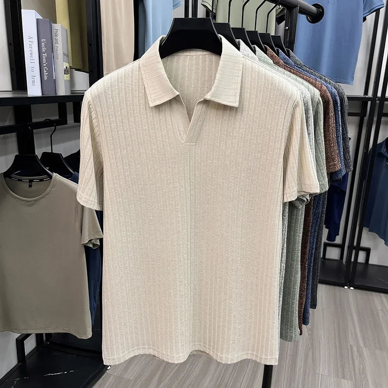Men's Vertical Stripe Knitted Polo Shirt