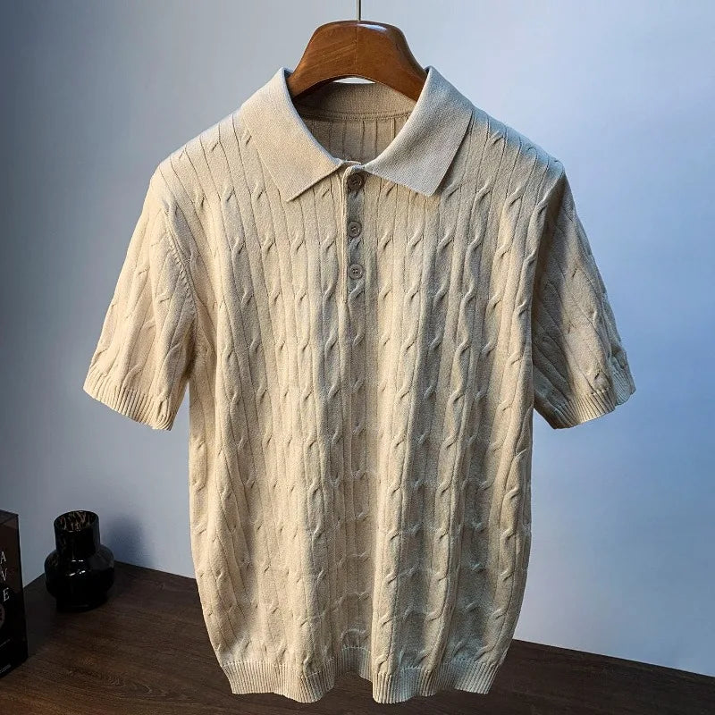 Men's Cable Knit Polo Shirt front view