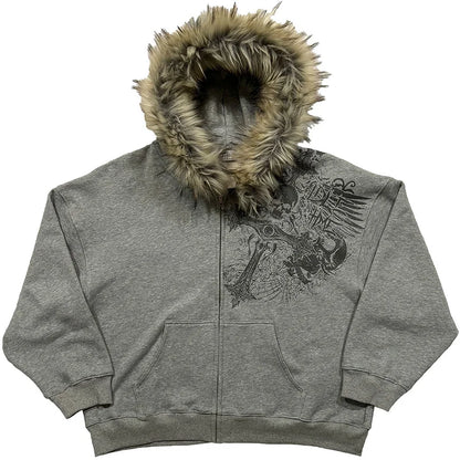 Women's Y2K Faux Fur Collar Hoodie | Harajuku Aesthetic Graphic Pullover Sweatshirt