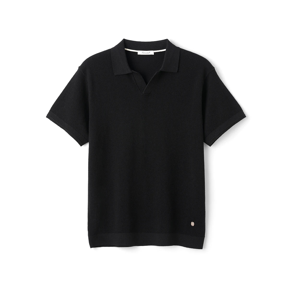 Black knit polo shirt with short sleeves and collar, stylish everyday essential for men