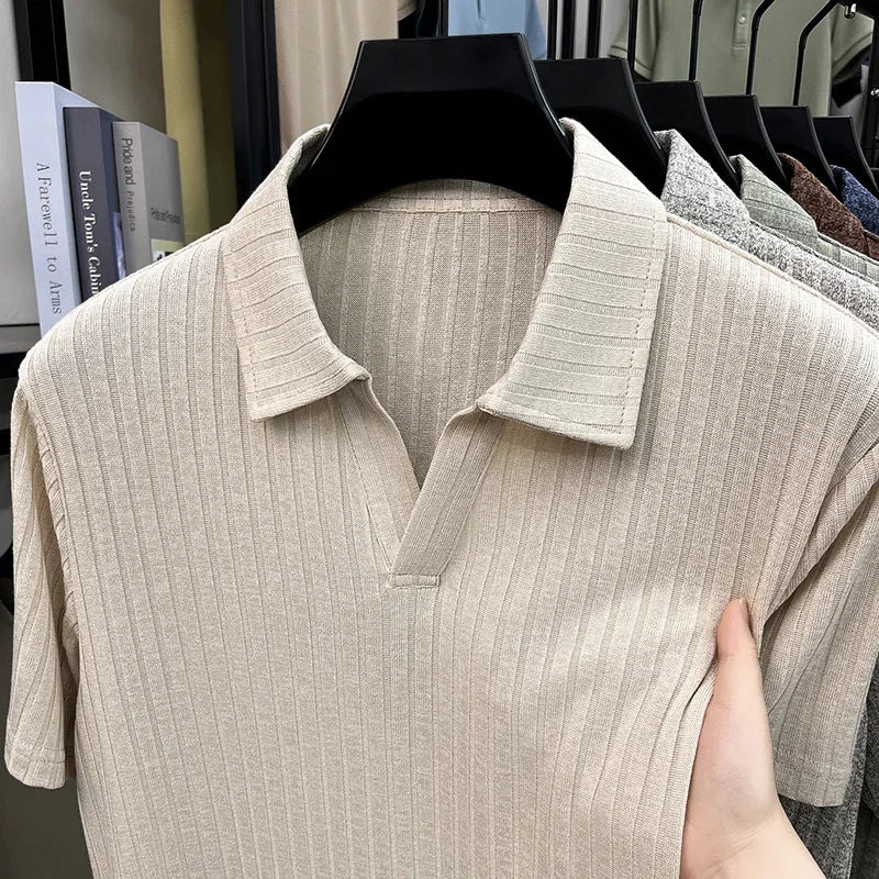 Men's Vertical Stripe Knitted Polo Shirt