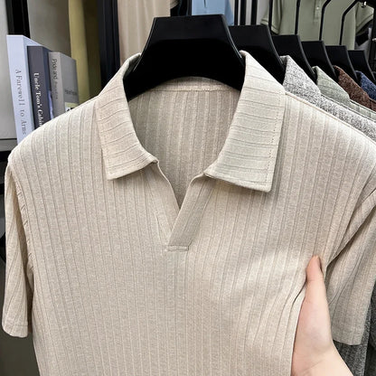Men's Vertical Stripe Knitted Polo Shirt