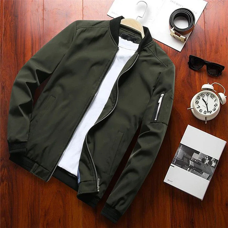 Men's Solid Color Windbreaker Jacket | Slim Fit Baseball Collar Zip-Up Coat