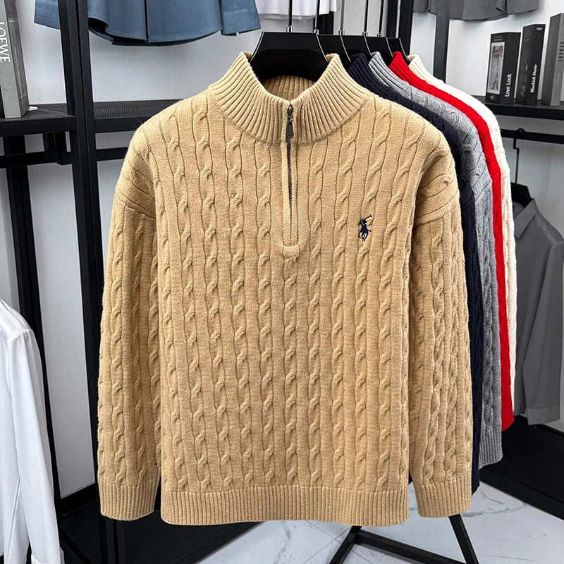 Men's Vintage Embroidery Zip-Up Turtleneck Sweater