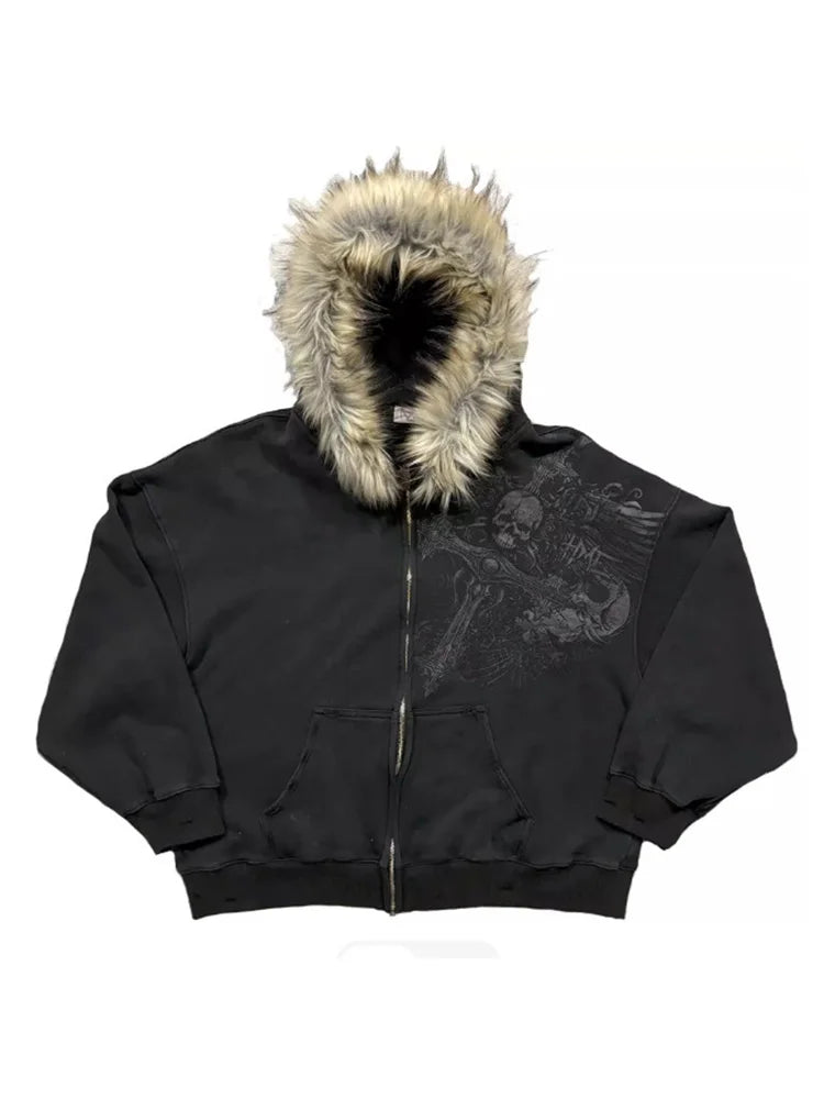 Women's Y2K Faux Fur Collar Hoodie | Harajuku Aesthetic Graphic Pullover Sweatshirt