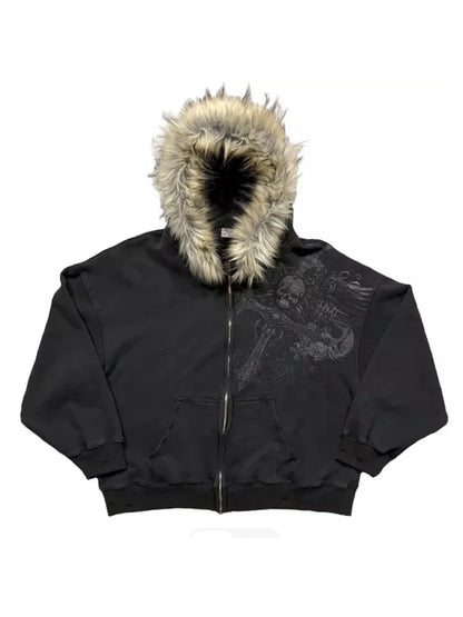 Women's Y2K Faux Fur Collar Hoodie | Harajuku Aesthetic Graphic Pullover Sweatshirt