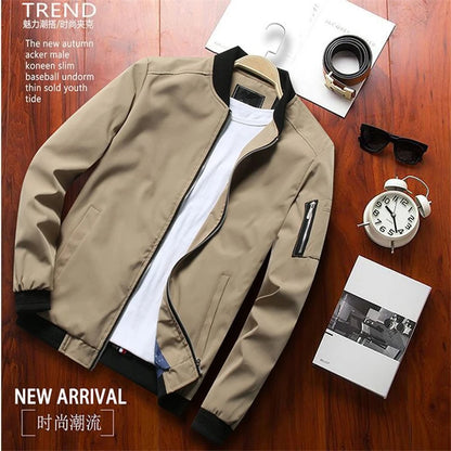 Men's Solid Color Windbreaker Jacket | Slim Fit Baseball Collar Zip-Up Coat