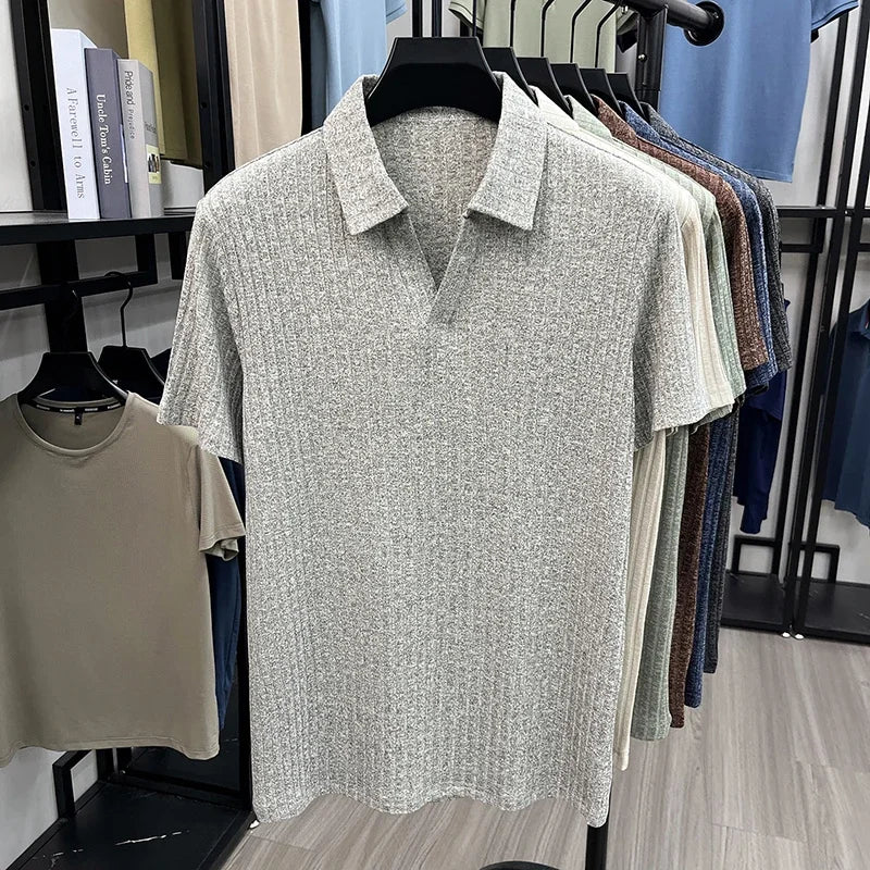 Men's Vertical Stripe Knitted Polo Shirt