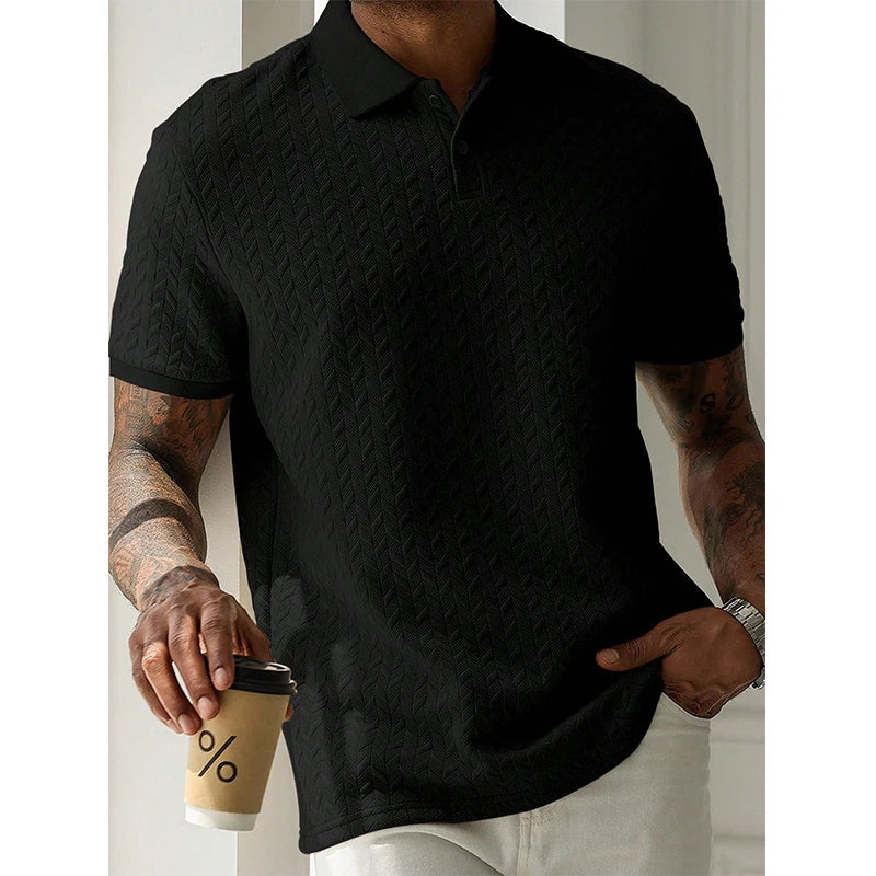 Black textured polo shirt for men, stylish streetwear with short sleeves and collar, paired with white pants