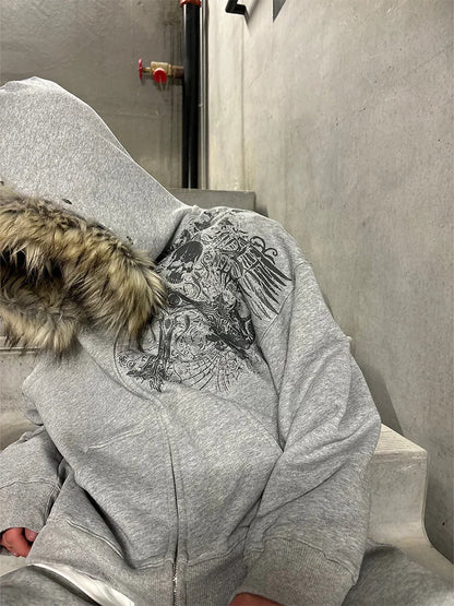 Women's Y2K Faux Fur Collar Hoodie | Harajuku Aesthetic Graphic Pullover Sweatshirt