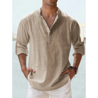 Men's Cotton Linen Long Sleeve Henley Shirt