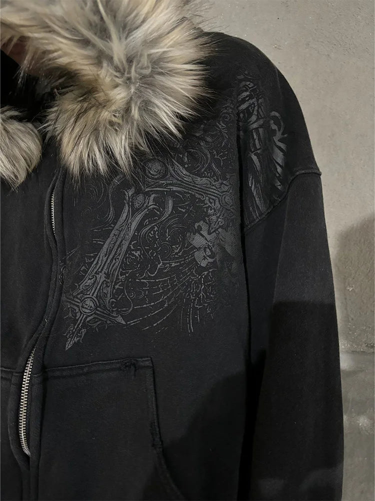 Women's Y2K Faux Fur Collar Hoodie | Harajuku Aesthetic Graphic Pullover Sweatshirt