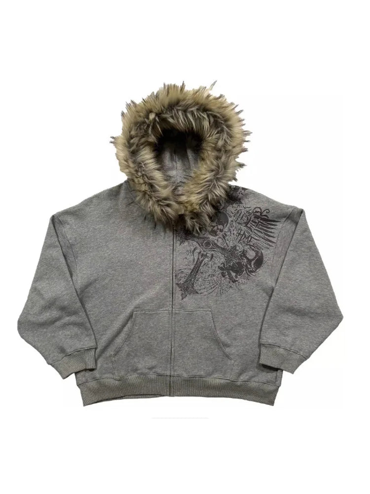Women's Y2K Faux Fur Collar Hoodie | Harajuku Aesthetic Graphic Pullover Sweatshirt