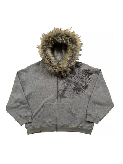 Women's Y2K Faux Fur Collar Hoodie | Harajuku Aesthetic Graphic Pullover Sweatshirt