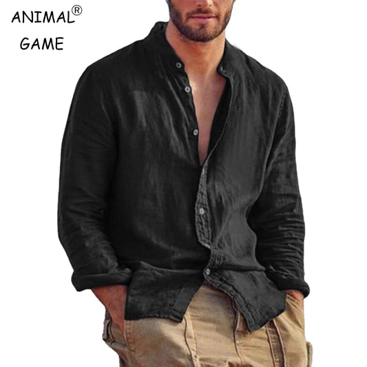 Black linen shirt with rolled sleeves, paired with beige cargo pants for casual streetwear style