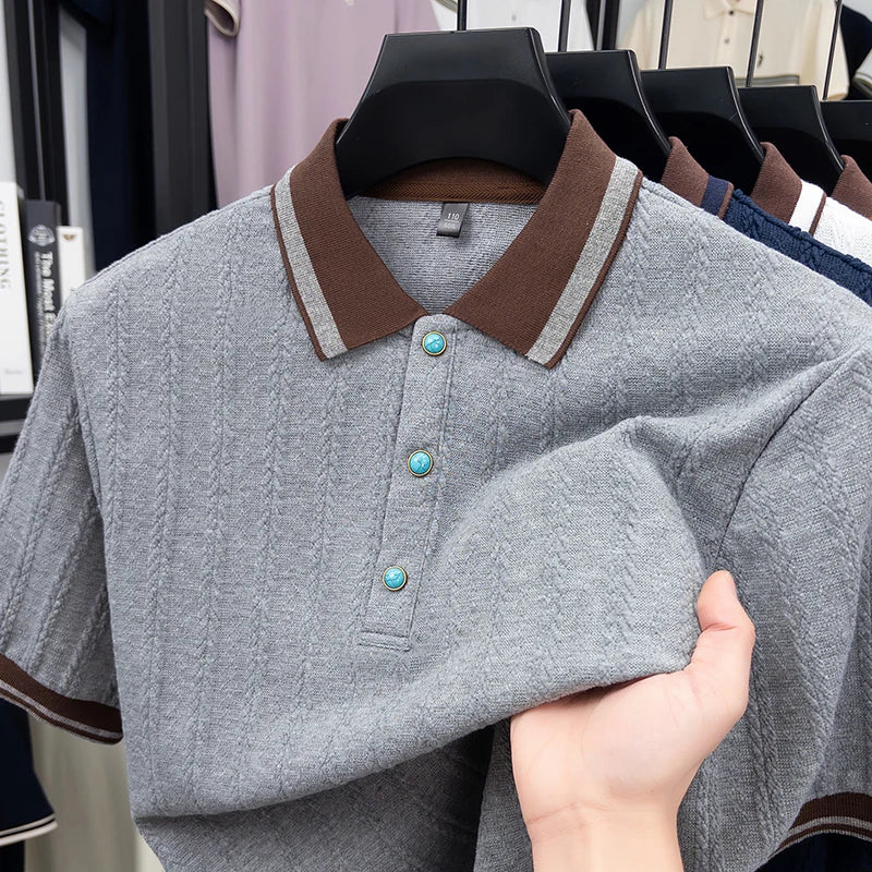 Gray textured polo shirt with brown collar, turquoise buttons, and striped trim for men&