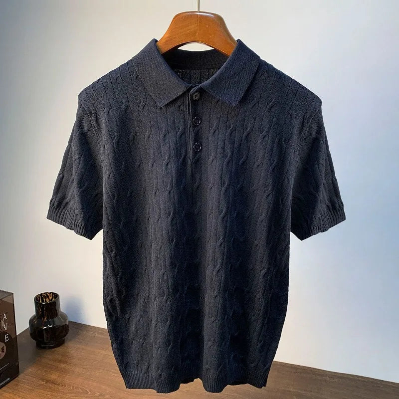 Men's Cable Knit Polo Shirt front view