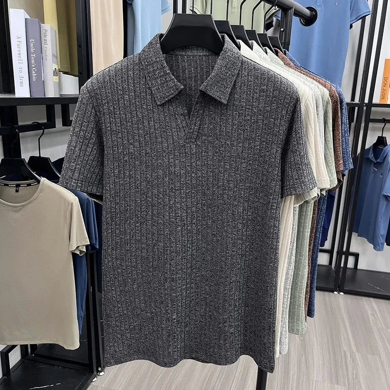 Men's Vertical Stripe Knitted Polo Shirt