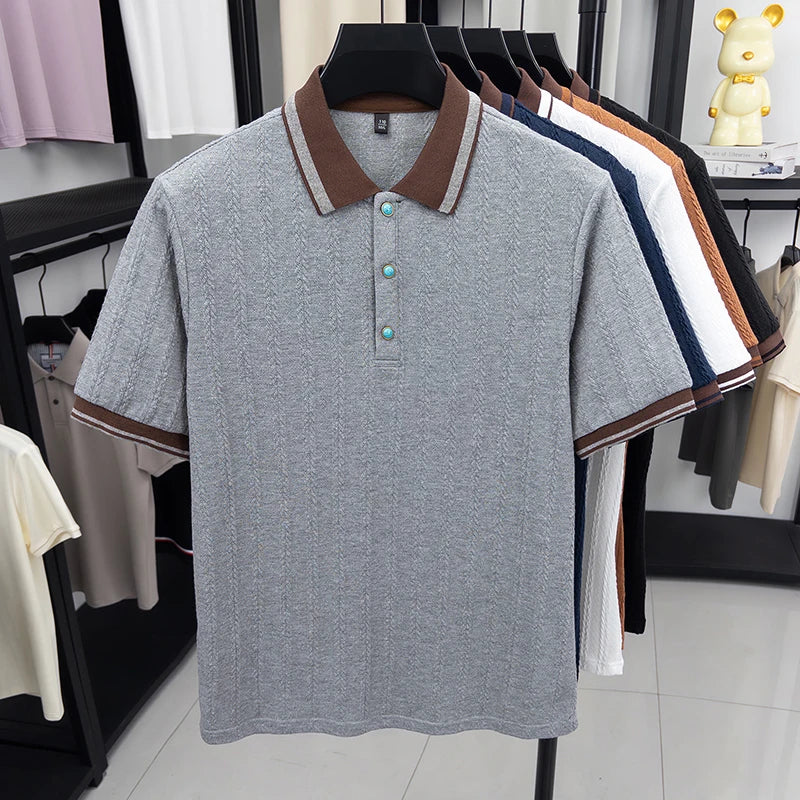 Gray textured polo shirt with contrast collar and turquoise buttons, stylish men&