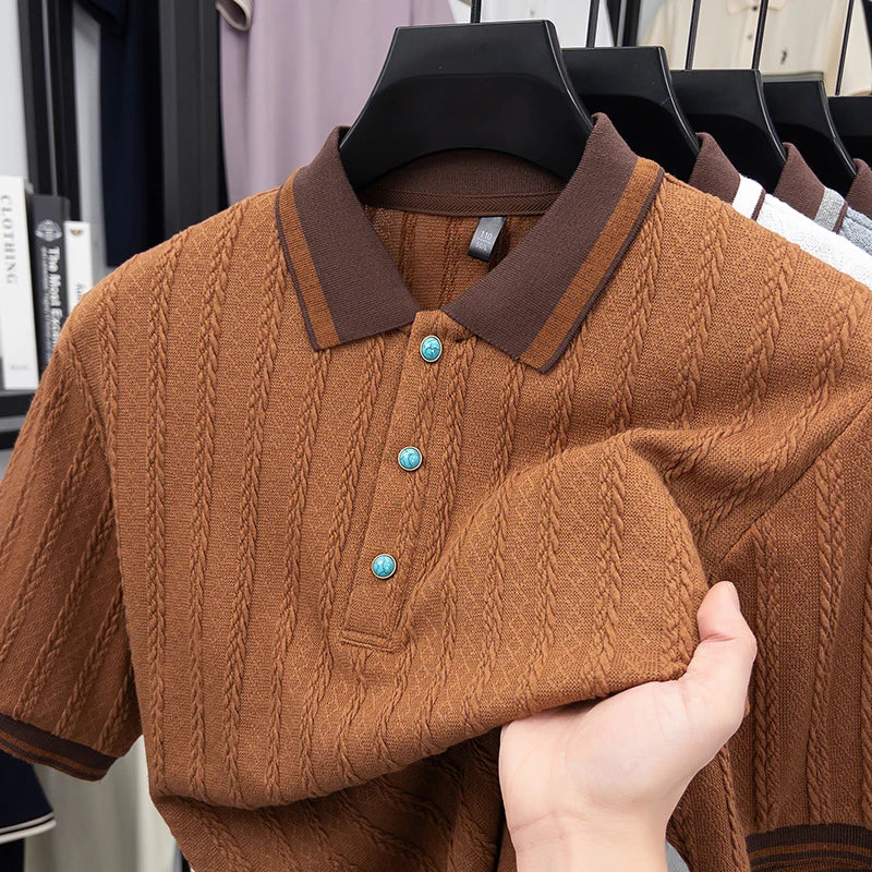 Brown textured knit polo shirt with contrast collar and turquoise buttons, stylish men&