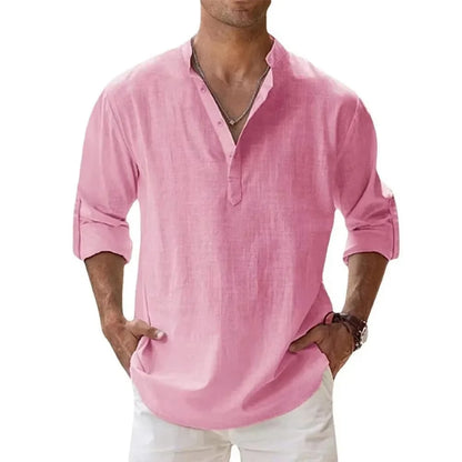 Men's Cotton Linen Long Sleeve Henley Shirt