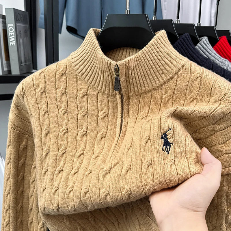 Men's Vintage Embroidery Zip-Up Turtleneck Sweater