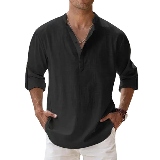 Men's Cotton Linen Long Sleeve Henley Shirt