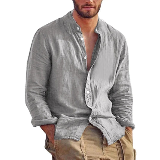 Gray linen button-up shirt with rolled sleeves, paired with beige pants for casual streetwear style