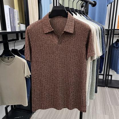 Men's Vertical Stripe Knitted Polo Shirt
