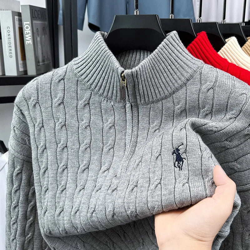 Men's Vintage Embroidery Zip-Up Turtleneck Sweater
