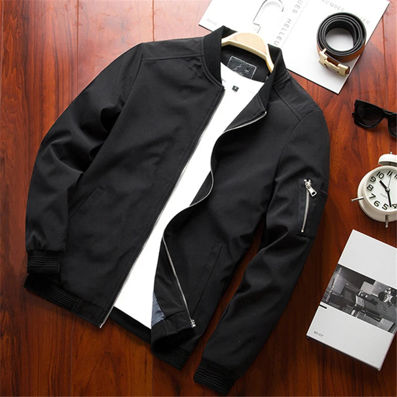Men's Solid Color Windbreaker Jacket | Slim Fit Baseball Collar Zip-Up Coat