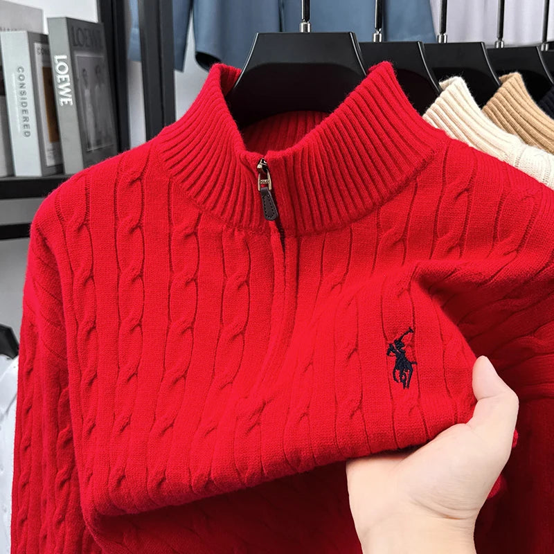 Men's Vintage Embroidery Zip-Up Turtleneck Sweater