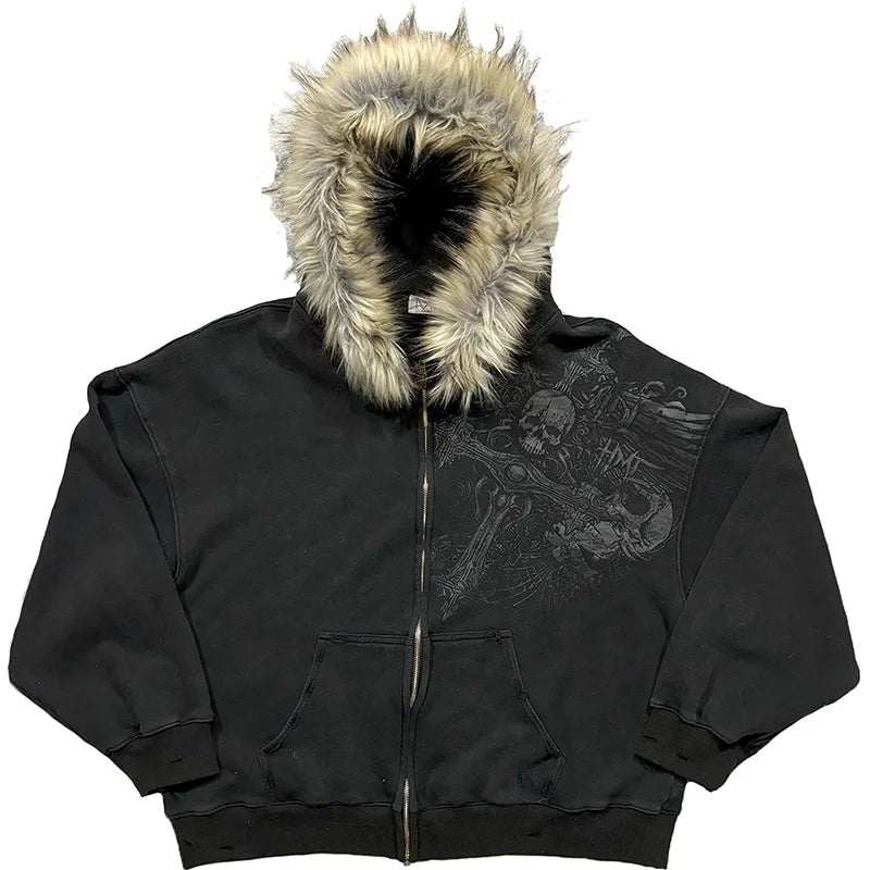 Women's Y2K Faux Fur Collar Hoodie | Harajuku Aesthetic Graphic Pullover Sweatshirt